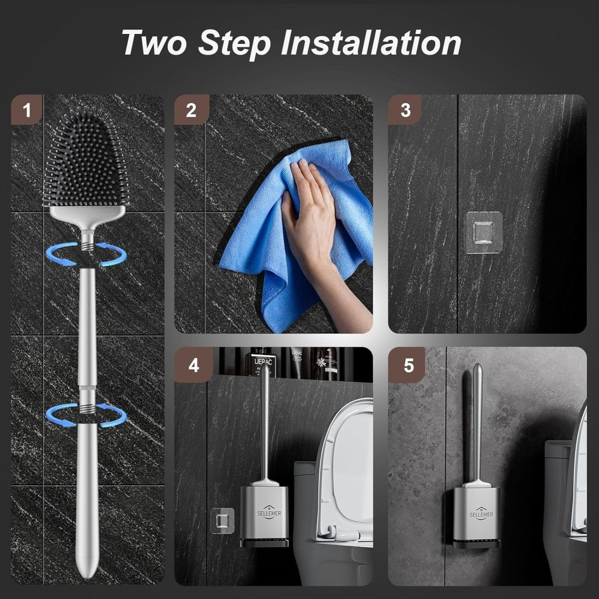 Sellemer Toilet Brush and Holder Set - Flexible Toilet Bowl Brush Head with Silicone Bristles, Compact Size for Storage and Organization, Ventilation Slots Base (1 Pack, Silver) - Homesidy.com
