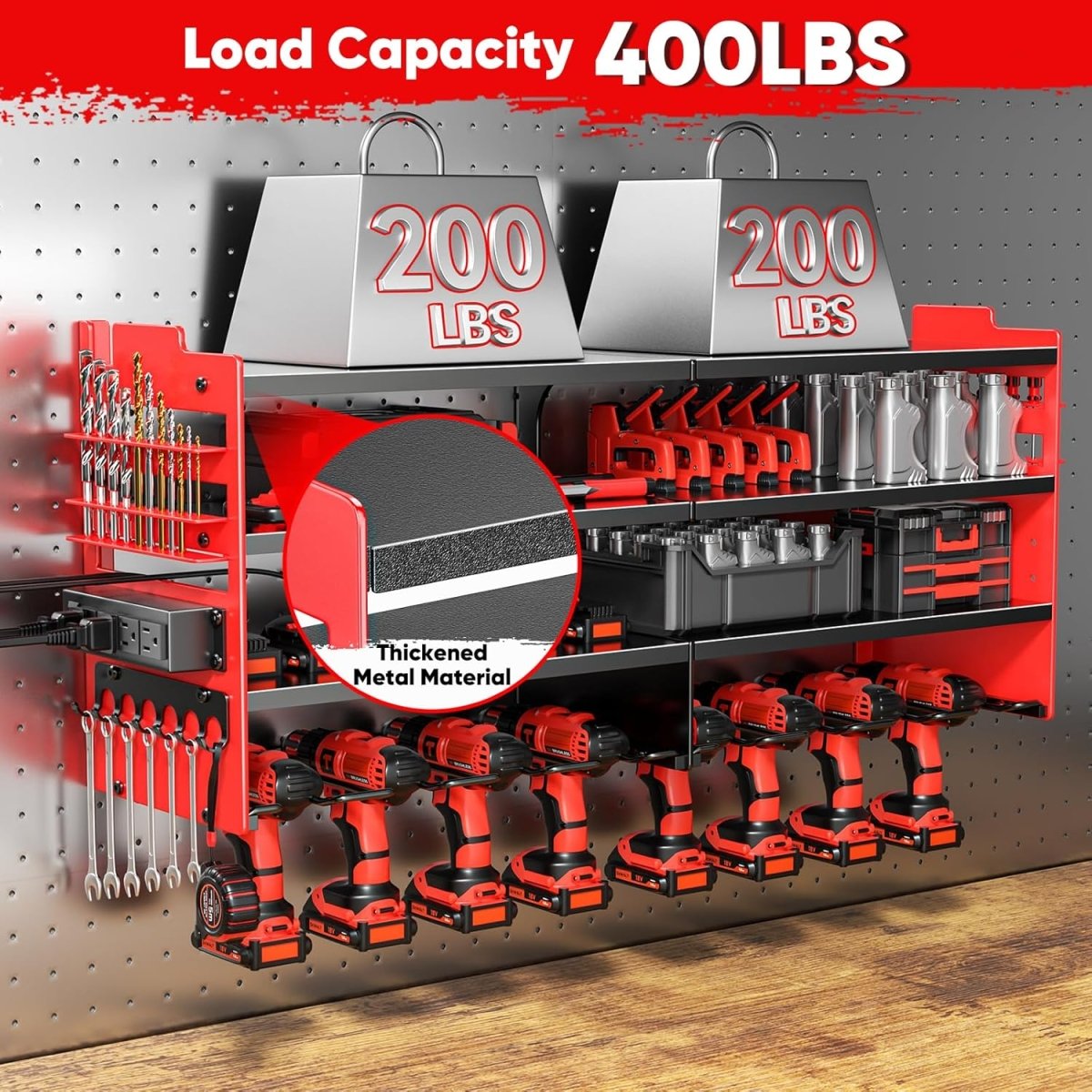 POKIPO Large Power Tool Organizer Wall Mount with Charging Station,4 Layer Heavy Duty Metal Tool Storage Rack Loads 600lbs with 8 Cordless Drill Holder,Battery Utility Rack Loads with 4 Power Strip - Homesidy.com