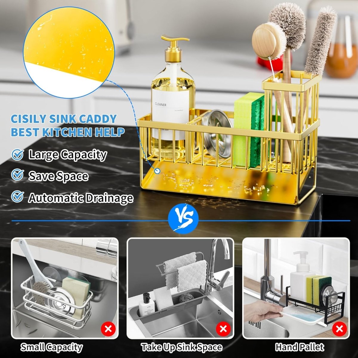 Cisily Kitchen Sink Caddy Organzier with High Brush Holder, Sponge Holder for Sink, 304 Rustproof Stainless, Kitchen Countertop Soap Dispenser Organizer, Kitchen Decor and Accessories - Homesidy.com