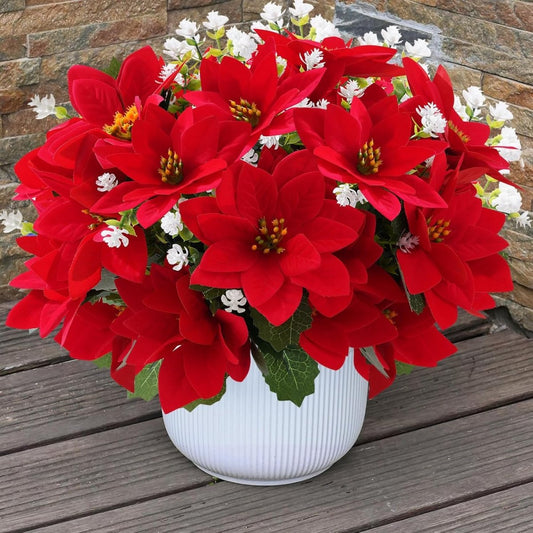 MOIAVAN 12 Bunches Poinsettias Artificial Christmas Flowers for Outdoors,14 Fake Red Poinsettias Faux Eucalyptus Plants UV Resistant for Home Planters Garden Porch Christmas Winter Spring Décor - Homesidy.com