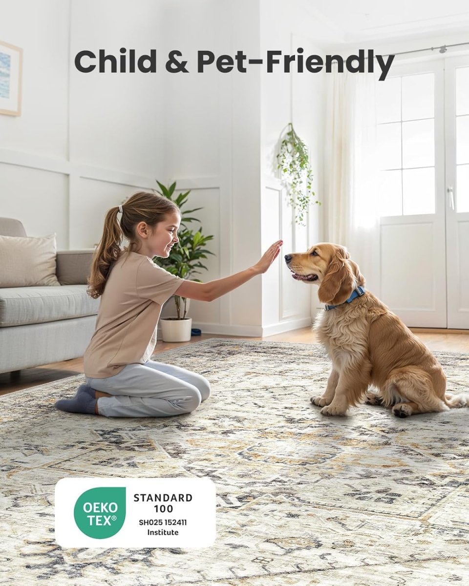 AMADA HOMEFURNISHING 8x10 Washable Area Rug, Low - Profile Large Area Rug with Non - Slip Backing &amp; Durable Edge Binding, Vintage Large Rugs for Living Room, Bedroom, Dinning Room - Homesidy.com