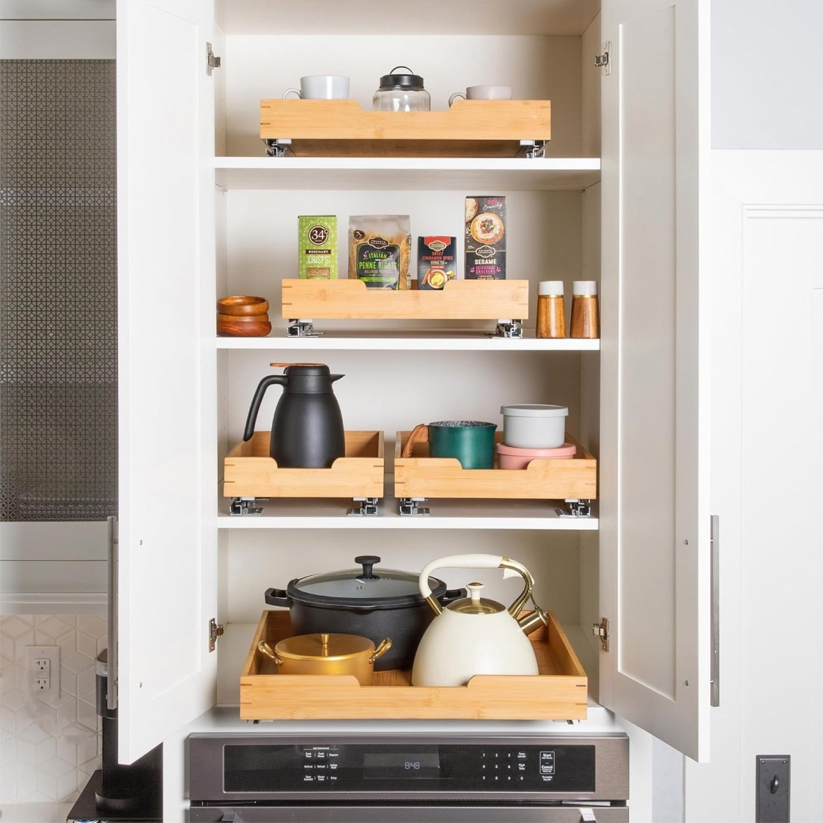 HOLDN’ STORAGE Bamboo Wooden Pull out Cabinet Organizer. 17&34; W x 21&34; D - Requires At Least a 18.25&34; W x 21&34; D.Cabinet Opening. W/Lifetime Limited Warranty. Bamboo Tray and Heavy gauge metal rails. - Homesidy.com