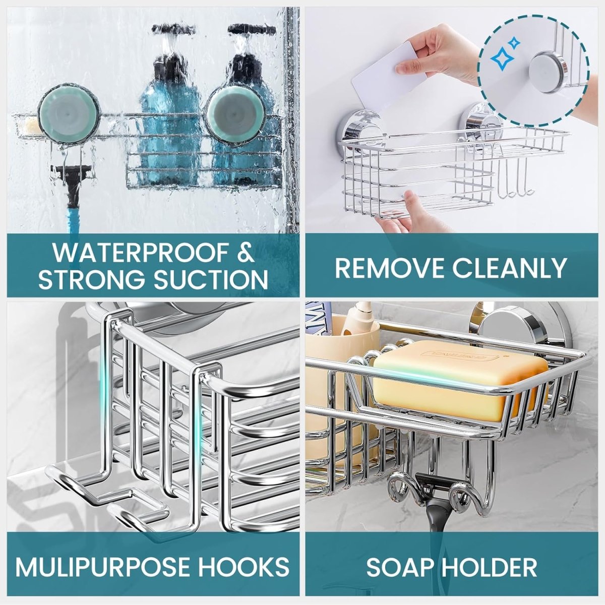 TAILI Shower Caddy Suction Cup 2 Pack with Hooks &amp; Soap holder, Heavy Duty Shower Organizer for Bathroom, No Drilling Bathroom Organizer with Large Capacity, Black Metal Storage Basket - Homesidy.com