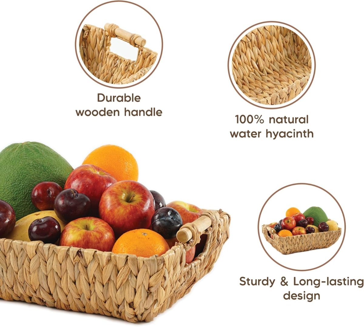 Greenatural Water Hyacinth Storage Baskets Set of 2, Handwoven Rectangular Organizer Trays with Wooden Bead Handles, Nested Wicker Bins for Shelf, Bathroom, Kitchen, Office, Natural Decor - Homesidy.com