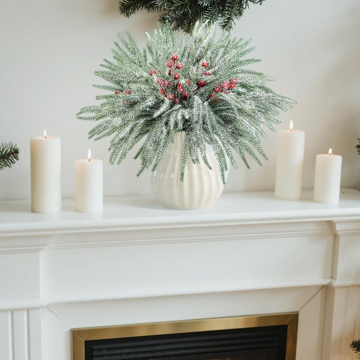 Watayo 60 Pcs Christmas Artificial Pine Branches with Red Berry Stems, 10.5&34; Faux Evergreen Norfolk Pine Cypress Leaves Stems, Fake Foliage Pine Needles Picks for DIY Craft Garland Home Decor - Homesidy.com