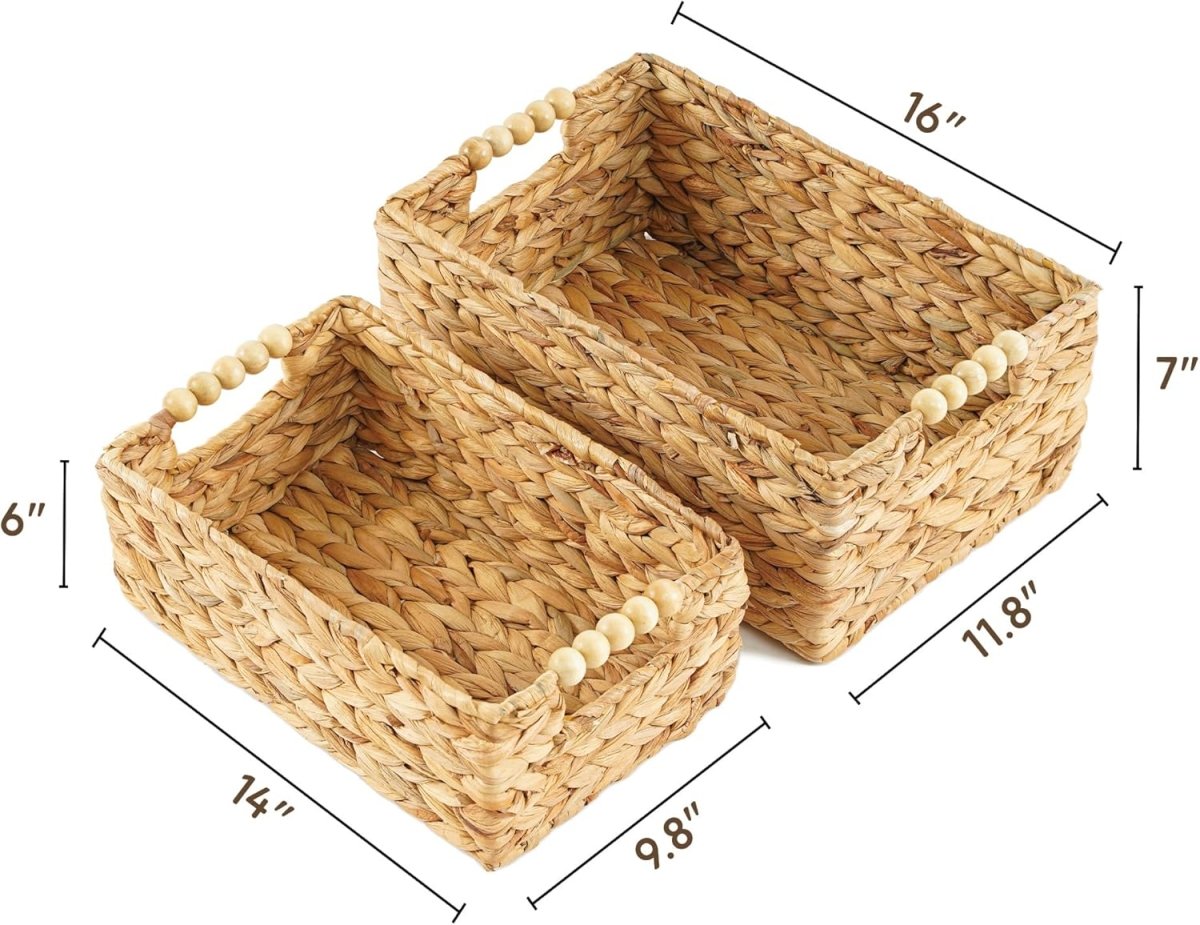 Greenatural Water Hyacinth Storage Baskets Set of 2, Handwoven Rectangular Organizer Trays with Wooden Bead Handles, Nested Wicker Bins for Shelf, Bathroom, Kitchen, Office, Natural Decor - Homesidy.com
