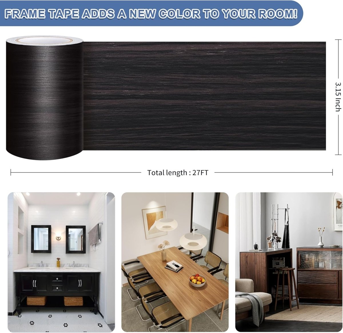 TIANLDD 27 FT Wood Grain Wallpaper Border, Removable Waterproof Mirror Border Peel and Stick,Bathroom Mirror Frame Border.(Black) - Homesidy.com