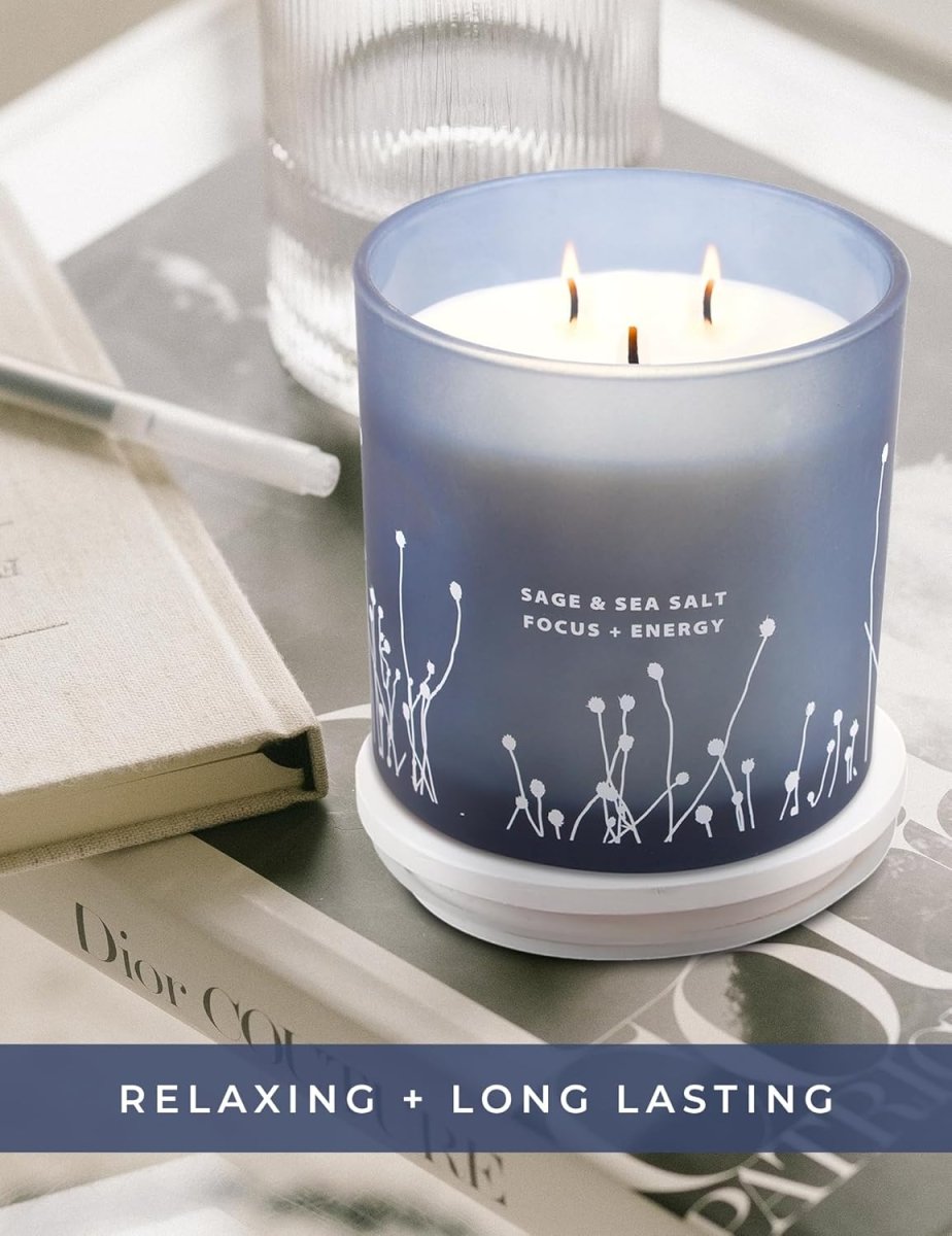 White Sage Sea Salt 3 Wick Candle - Large Soy Scented Candle 14.5 oz - Sage Candle for Cleansing House - Aromatherapy Energy Cleansing Candle for Home, Stress Relief, Women &amp; Men - Homesidy.com