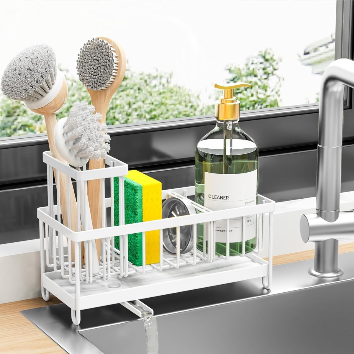 Cisily Black Sponge Holder for Kitchen Sink, Sink Caddy Organizer with High Brush Holder, Kitchen Countertop Organizers and Storage Essentials, Rustproof 304 Stainless Steel, Soap Dispenser Organize - Homesidy.com