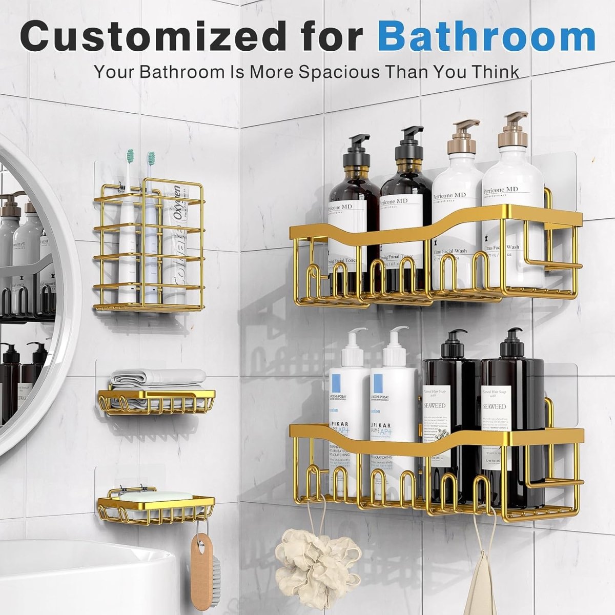EUDELE Adhesive Shower Caddy, 5 Pack Rustproof Stainless Steel Bath Organizers With Large Capacity, No Drilling Shelves for Bathroom Storage &amp; Home Decor - Homesidy.com