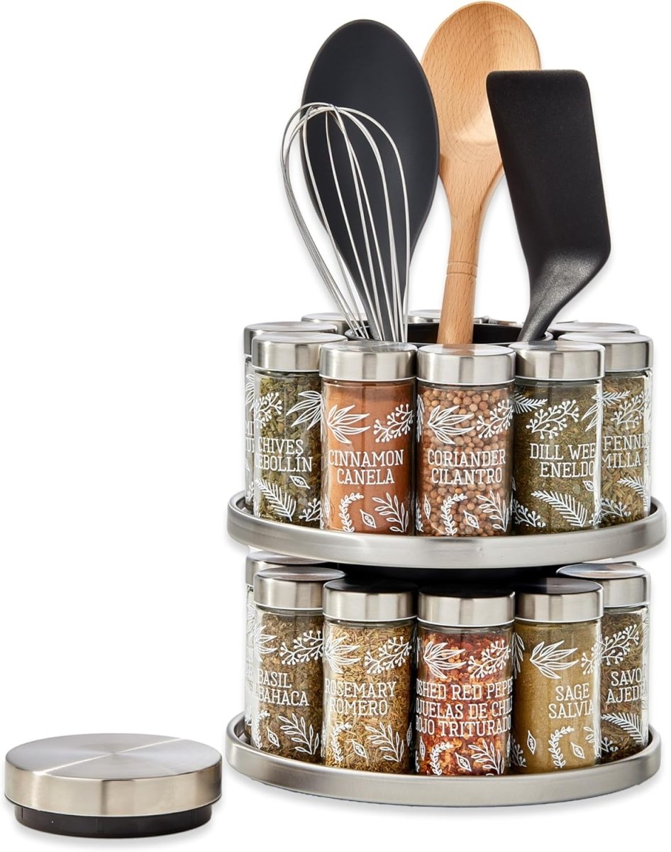 Kamenstein 20 Jar Revolving Countertop Spice Rack with Spices Included, FREE Spice Refills for 5 Years, Polished Stainless Steel with Black Caps, 30020 - Homesidy.com