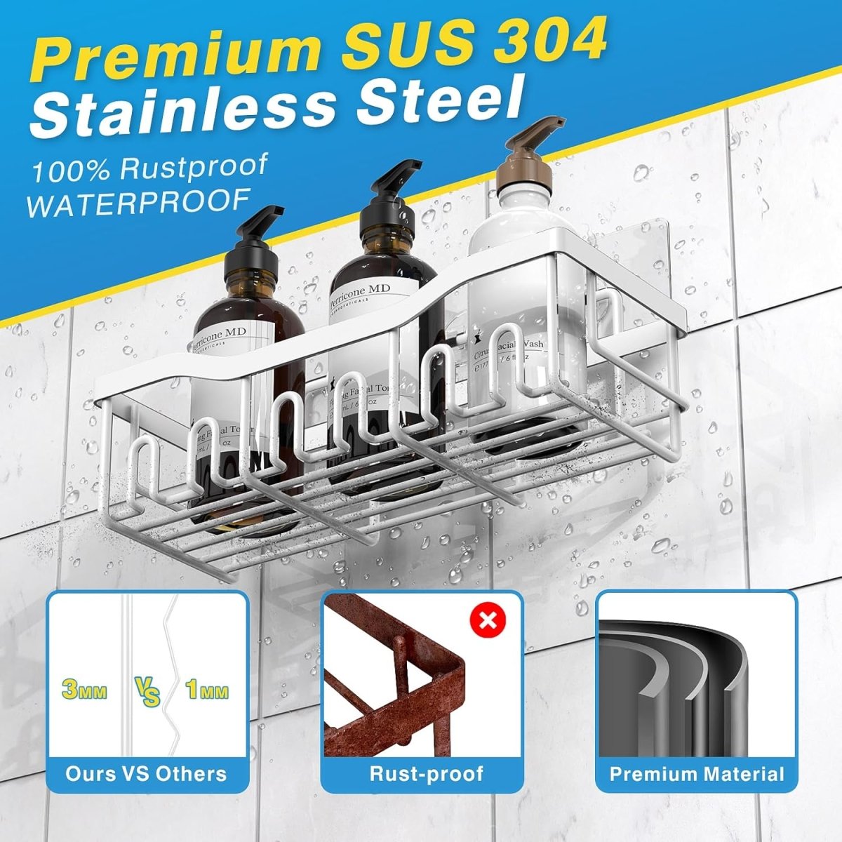EUDELE Adhesive Shower Caddy, 5 Pack Rustproof Stainless Steel Bath Organizers With Large Capacity, No Drilling Shelves for Bathroom Storage &amp; Home Decor - Homesidy.com