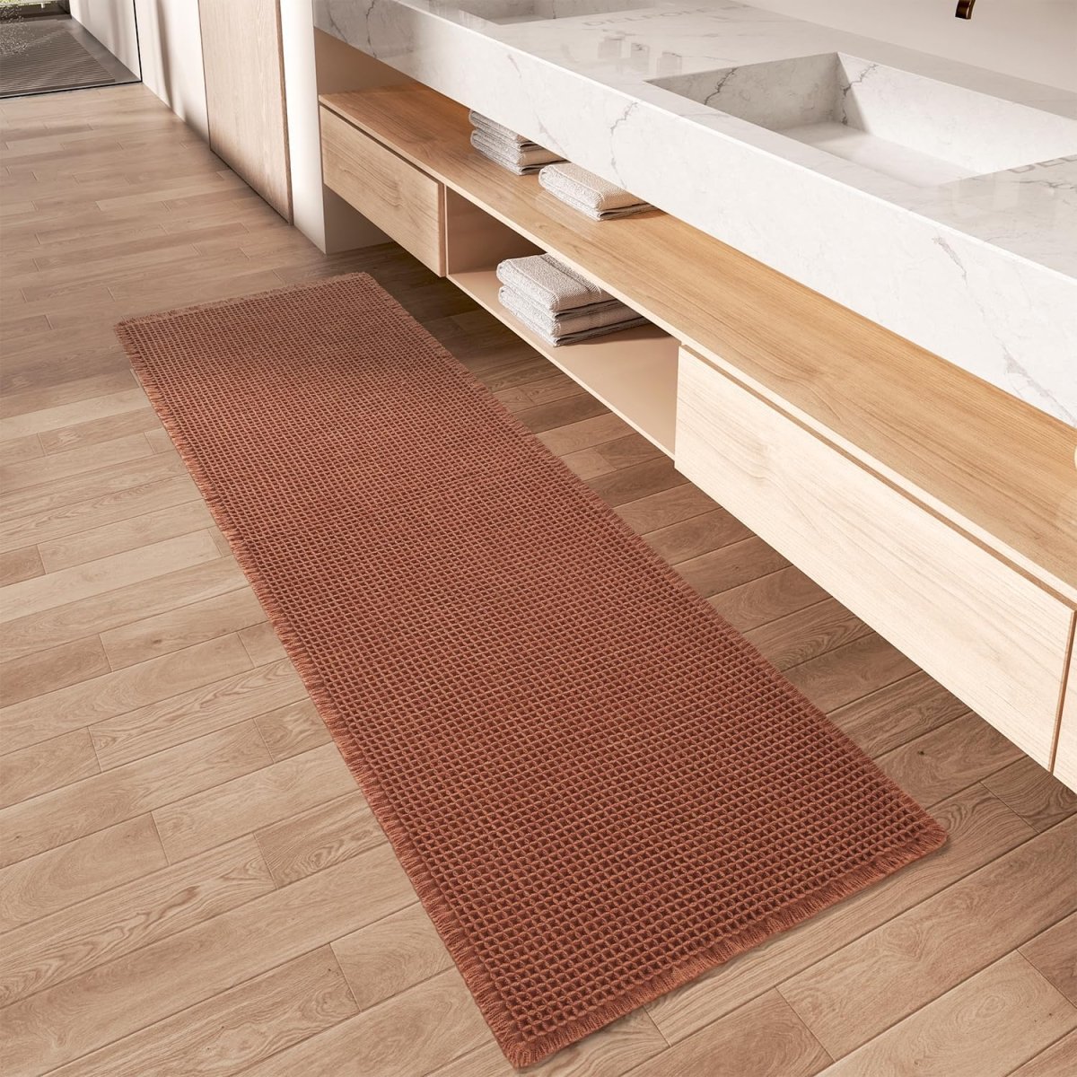 AMOAMI Upgraded Waffle Bath Mat, Super Absorbent Non Slip Bath Mats for Bathroom Floor, Machine Washable Bathroom Rugs with Tassels, Rubber Backed Bathroom Mats, Ultra Soft, 18&34; x 30&34;, Brown - Homesidy.com