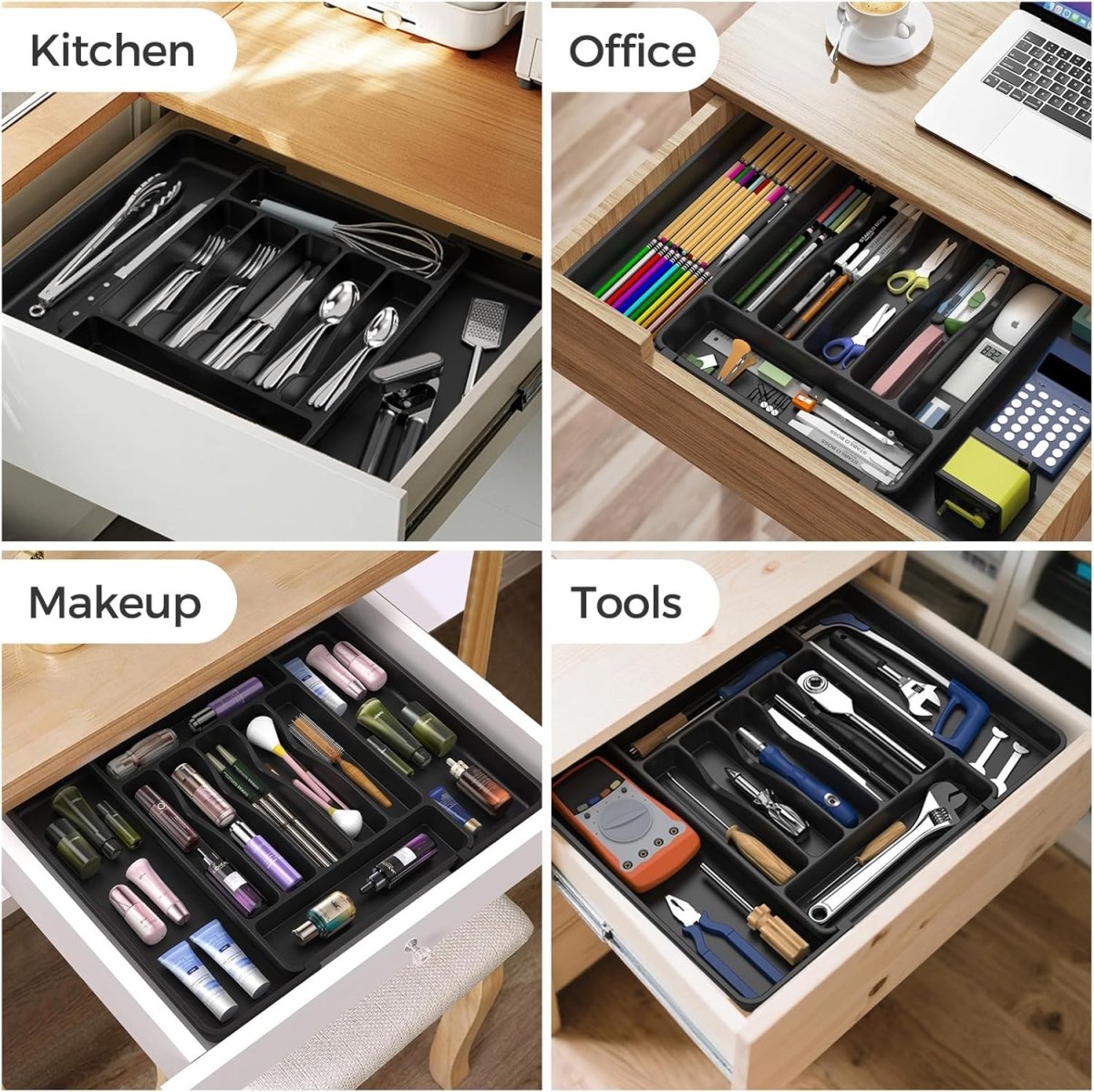ukeetap Extra Large Expandable Silverware Organizer, BPA - Free Food - Safe Cutlery Flatware Organizer, Kitchen Utensil Drawer Organizer, Adjustable Silverware Holder for Spoons Forks Knives, Black - Homesidy.com