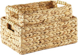 Greenatural Water Hyacinth Storage Baskets Set of 2, Handwoven Rectangular Organizer Trays with Wooden Bead Handles, Nested Wicker Bins for Shelf, Bathroom, Kitchen, Office, Natural Decor - Homesidy.com
