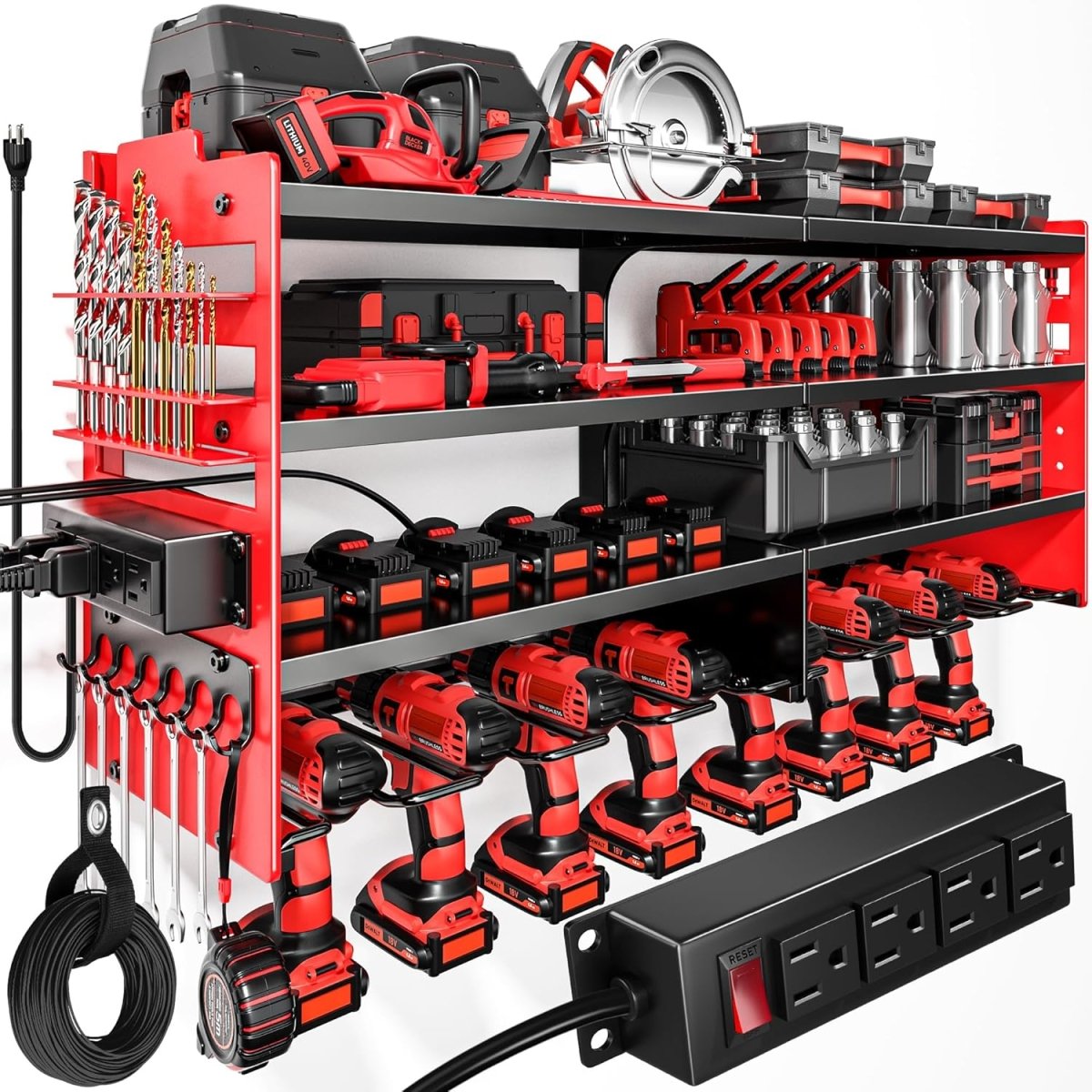 POKIPO Large Power Tool Organizer Wall Mount with Charging Station,4 Layer Heavy Duty Metal Tool Storage Rack Loads 600lbs with 8 Cordless Drill Holder,Battery Utility Rack Loads with 4 Power Strip - Homesidy.com