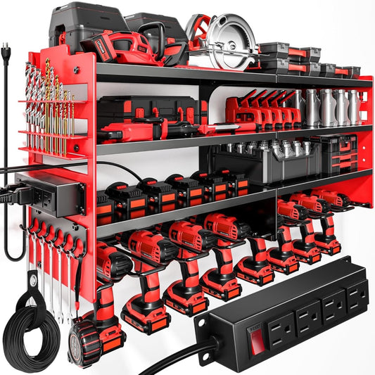 POKIPO Large Power Tool Organizer Wall Mount with Charging Station,4 Layer Heavy Duty Metal Tool Storage Rack Loads 600lbs with 8 Cordless Drill Holder,Battery Utility Rack Loads with 4 Power Strip - Homesidy.com