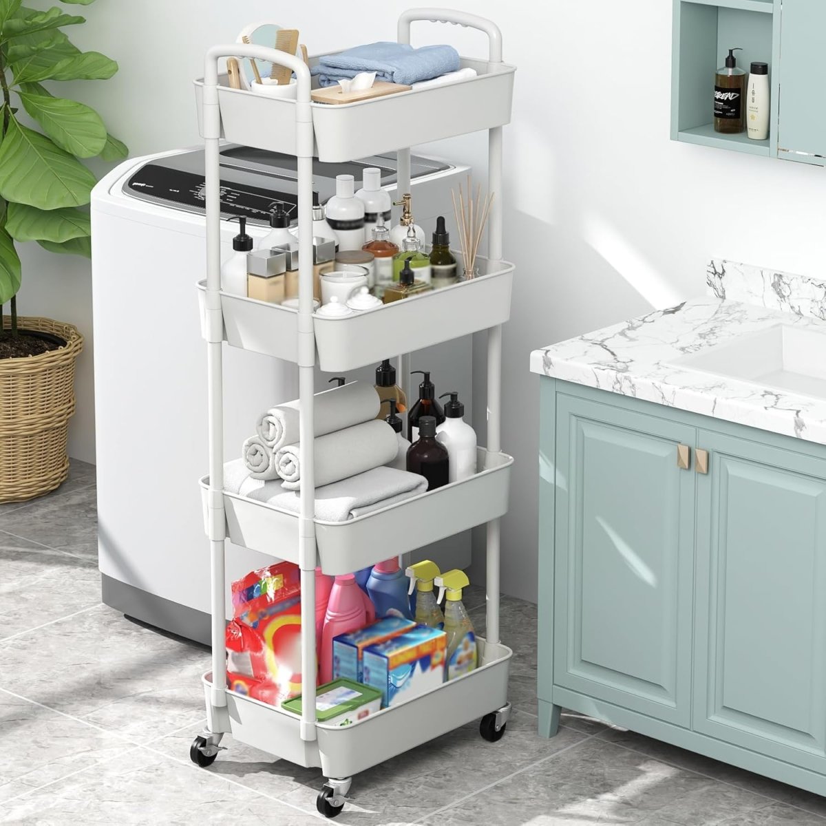 Sywhitta 3 - Tier Plastic Rolling Utility Cart with Handle, Multi - Functional Storage Trolley for Office, Living Room, Kitchen, Movable Storage Organizer with Wheels, White - Homesidy.com