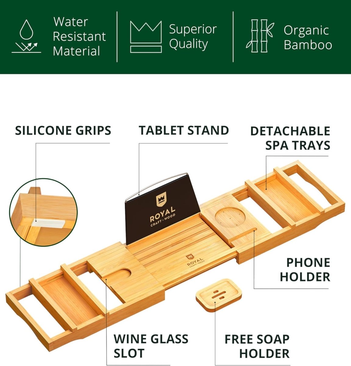 ROYAL CRAFT WOOD Bathtub Tray Caddy for Tub, Bamboo Bath Shelf, Premium Foldable Wood Bath Table, Expandable Bathtub &amp; Bathroom Accessories, New Home Gifts for Mom, Housewarming, Anniversary, Wedding - Homesidy.com