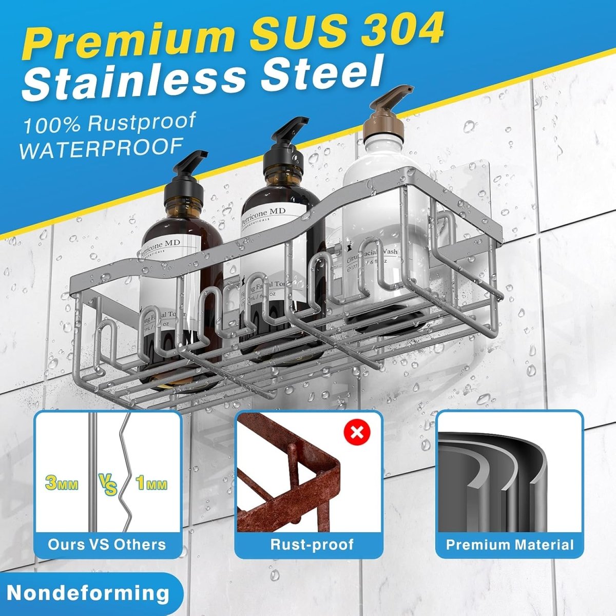 EUDELE 5 - Pack Rustproof Stainless Steel Shower Caddy Set– No Drill Adhesive Bathroom Organizer, Space - Saving Shower Shelves for Apartment Essentials, Bathroom/Kitchen Storage Home Decor - L Size - Homesidy.com