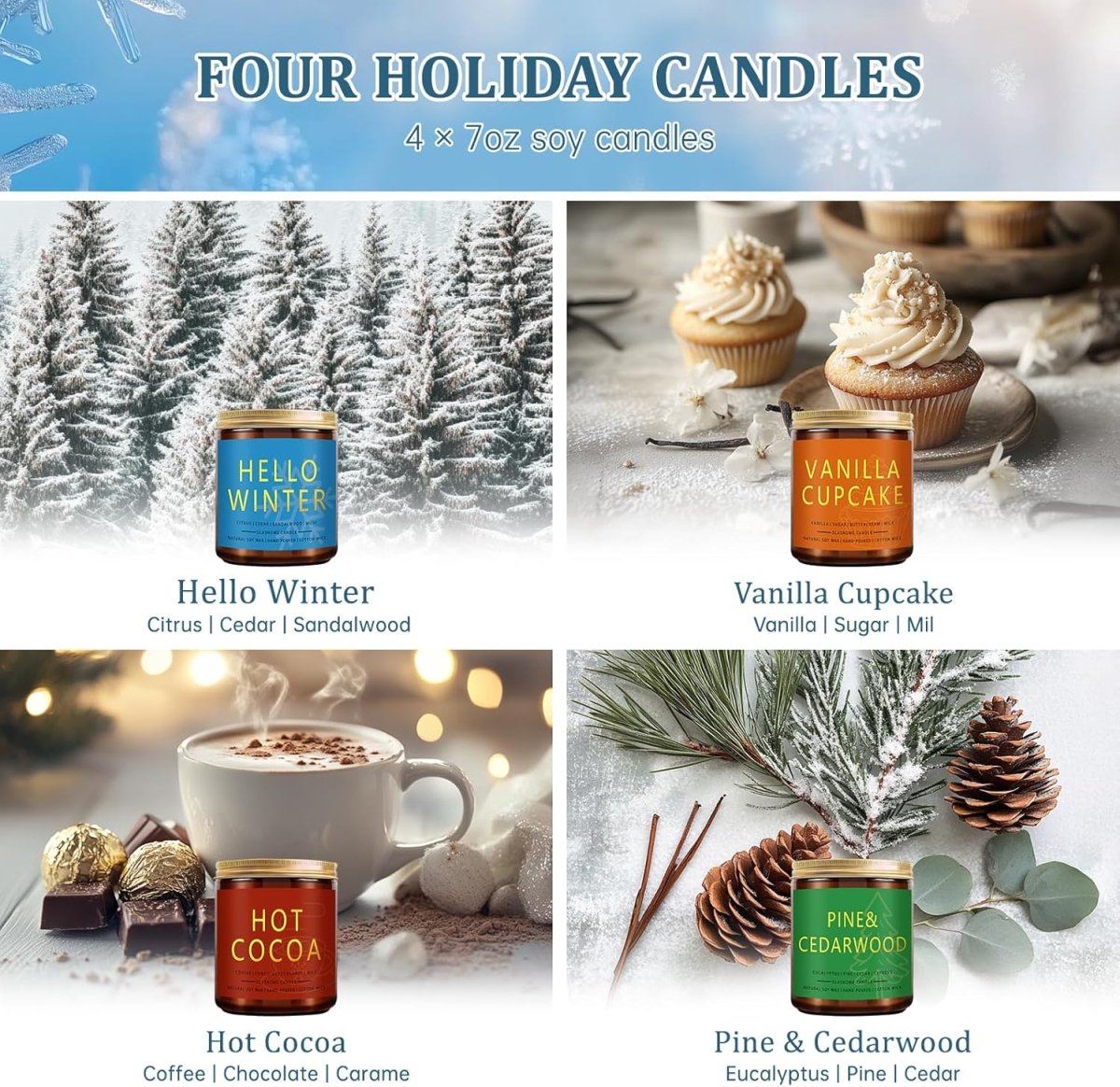 Winter Candle Gift Set, 4 Pack 7 oz Soy Scented Candles for Home, Christmas, Holiday &amp; Birthday Gifts for Women &amp; Men, Includes Hello Winter, Pine &amp; Cedarwood, Hot Cocoa, and Vanilla Cupcake - Homesidy.com