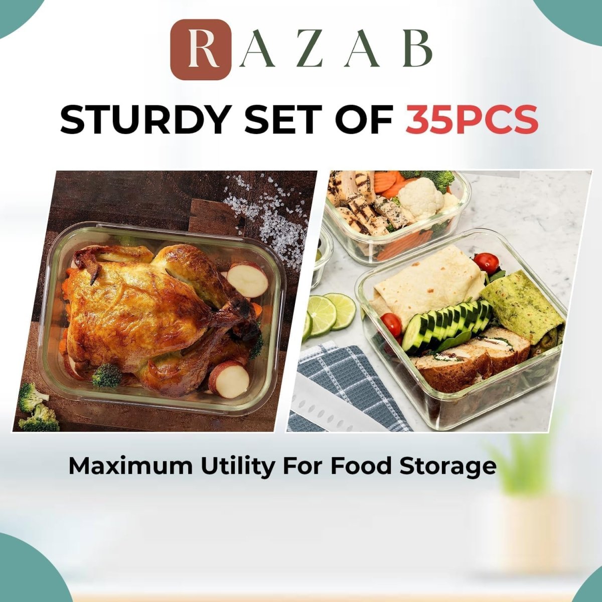 Razab 35 Pc Set Glass Food Storage Containers with Lids - Meal Prep Airtight Bento Boxes BPA - Free 100% Leak Proof (15 lids,15 glass &amp; 5 Plastic Sauce/Dip Containers) - Homesidy.com