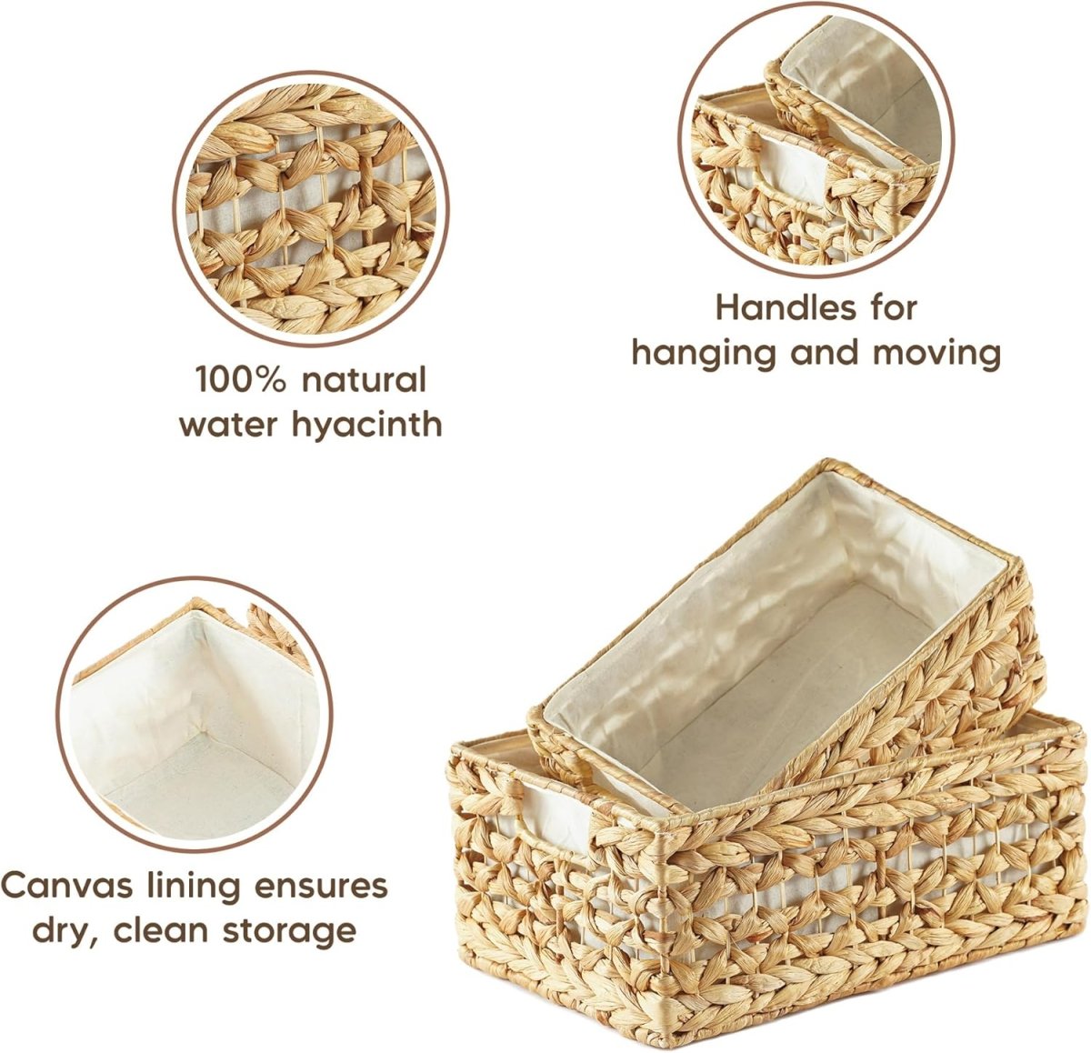 Greenatural Water Hyacinth Storage Baskets Set of 2, Handwoven Rectangular Organizer Trays with Wooden Bead Handles, Nested Wicker Bins for Shelf, Bathroom, Kitchen, Office, Natural Decor - Homesidy.com