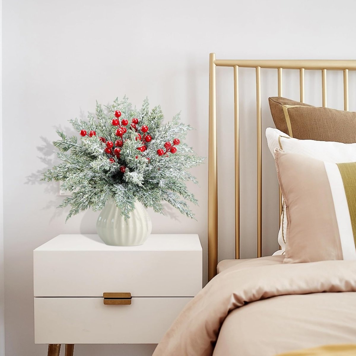 Watayo 60 Pcs Christmas Artificial Pine Branches with Red Berry Stems, 10.5&34; Faux Evergreen Norfolk Pine Cypress Leaves Stems, Fake Foliage Pine Needles Picks for DIY Craft Garland Home Decor - Homesidy.com