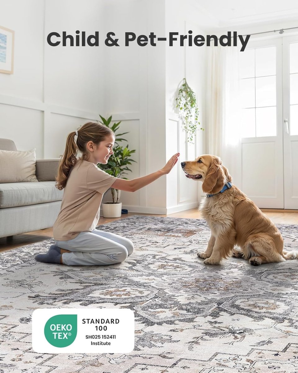 AMADA HOMEFURNISHING 8x10 Washable Area Rug, Low - Profile Large Area Rug with Non - Slip Backing &amp; Durable Edge Binding, Vintage Large Rugs for Living Room, Bedroom, Dinning Room - Homesidy.com