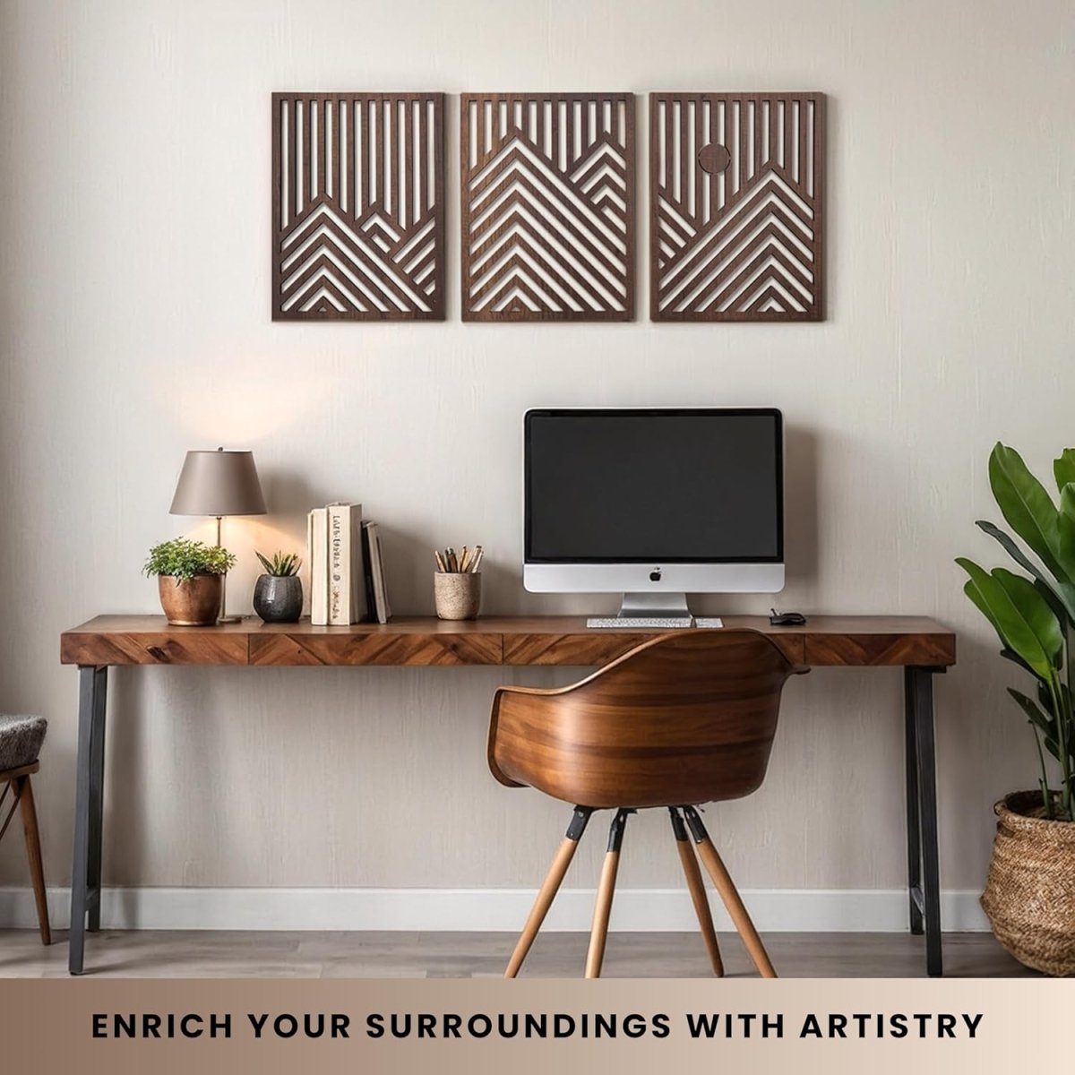qmmp Modern Wooden Wall Sculptures - Set of 3 - MDF - Oak - Home Decor Accent - Large Wall Art for Living Room, Bedroom, Office - Easy Installation (Oak, Medium - Mountain and Sun, Unframed) - Homesidy.com