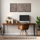 qmmp Modern Wooden Wall Sculptures - Set of 3 - MDF - Oak - Home Decor Accent - Large Wall Art for Living Room, Bedroom, Office - Easy Installation (Oak, Medium - Mountain and Sun, Unframed) - Homesidy.com