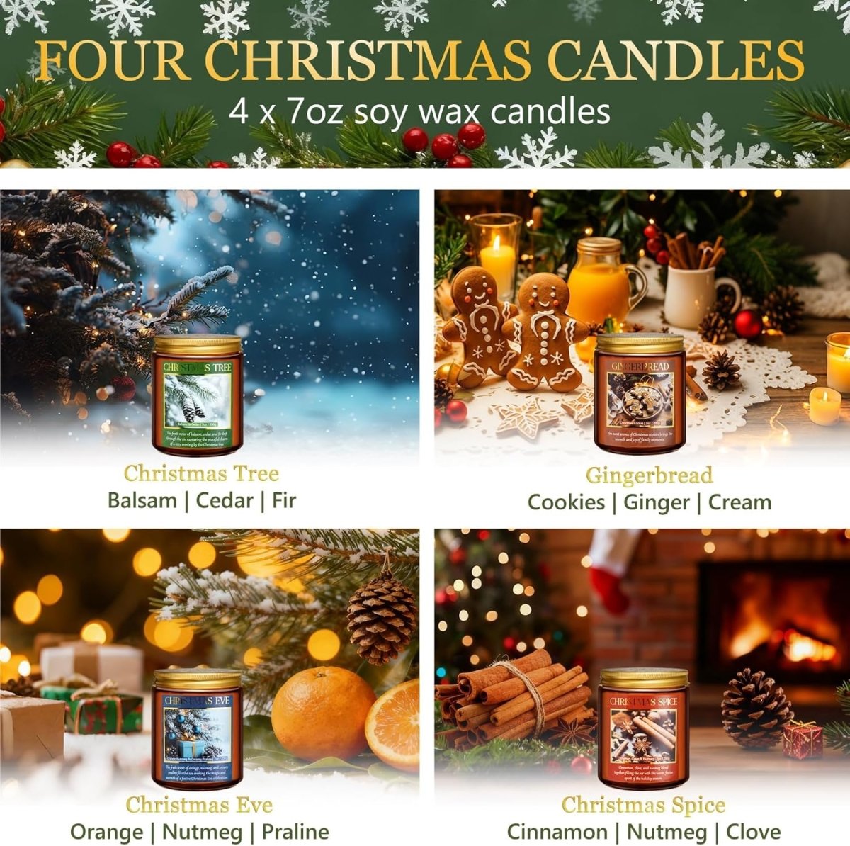 Christmas Candles Set, 4 Pack Xmas Scented Candles for Women, Winter Soy Candle for Home Scented Holiday Candle Gift Set, Christmas Gifts for Women Men Best Friends - Christmas Tree/Spice/Eve/Cookie - Homesidy.com