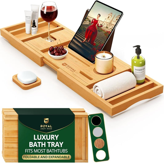 ROYAL CRAFT WOOD Bathtub Tray Caddy for Tub, Bamboo Bath Shelf, Premium Foldable Wood Bath Table, Expandable Bathtub &amp; Bathroom Accessories, New Home Gifts for Mom, Housewarming, Anniversary, Wedding - Homesidy.com