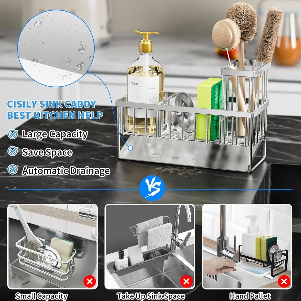 Cisily Kitchen Sink Caddy Organzier with High Brush Holder, Sponge Holder for Sink, 304 Rustproof Stainless, Kitchen Countertop Soap Dispenser Organizer, Kitchen Decor and Accessories - Homesidy.com