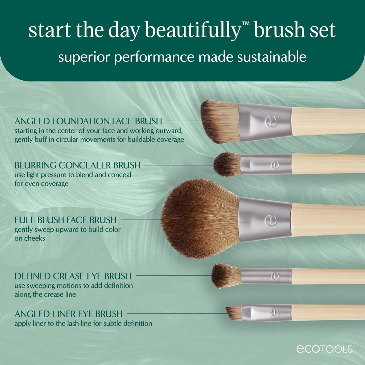 EcoTools Makeup Brush Set for Eyeshadow, Foundation, Blush, and Concealer with Bonus Storage Case, Start the Day Beautifully, Travel Friendly, 6 Piece Set - Homesidy.com