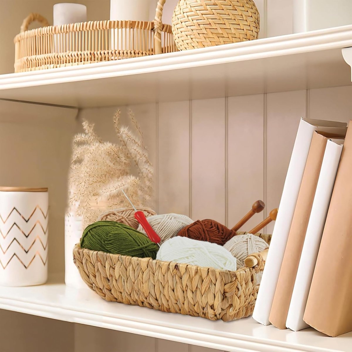 Greenatural Water Hyacinth Storage Baskets Set of 2, Handwoven Rectangular Organizer Trays with Wooden Bead Handles, Nested Wicker Bins for Shelf, Bathroom, Kitchen, Office, Natural Decor - Homesidy.com