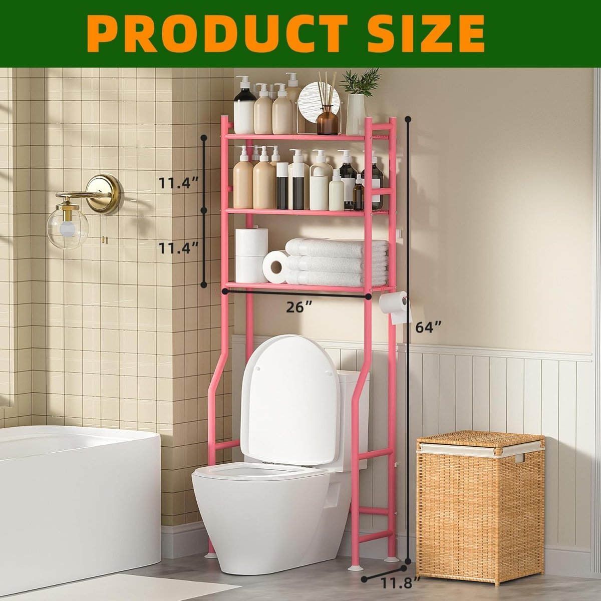 GloTika 3 - Tier Over The Toilet Storage, Space Saver Metal Bathroom Shelves, Freestanding Above Over Toilet Storage Shelf with 4 Hooks for Bathroom, Black - Homesidy.com