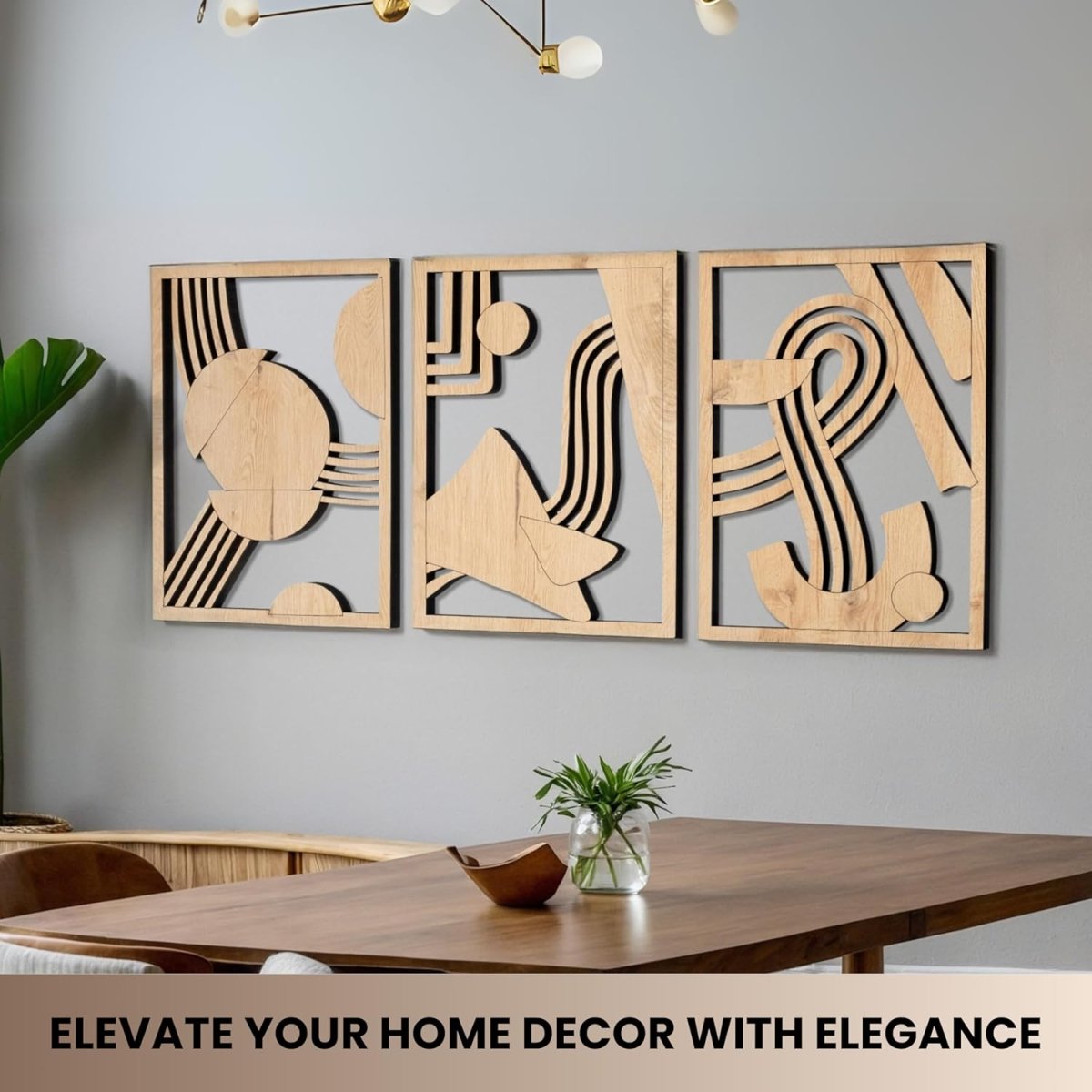 qmmp Modern Wooden Wall Sculptures - Set of 3 - MDF - Oak - Home Decor Accent - Large Wall Art for Living Room, Bedroom, Office - Easy Installation (Oak, Medium - Mountain and Sun, Unframed) - Homesidy.com