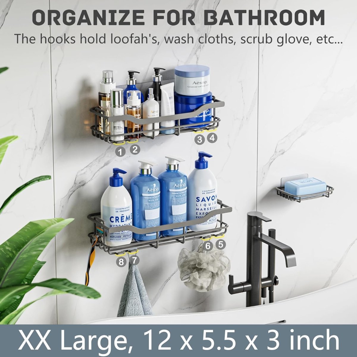 OMAIRA 3 - Pack Shower Caddy with Soap Holder, Adhesive Rustproof No - drill Strudy Loading Inside Shower Organizer Shelves Rack Storage Bathroom Organization for Smooth Wall Glass Tile, Black (Large) - Homesidy.com