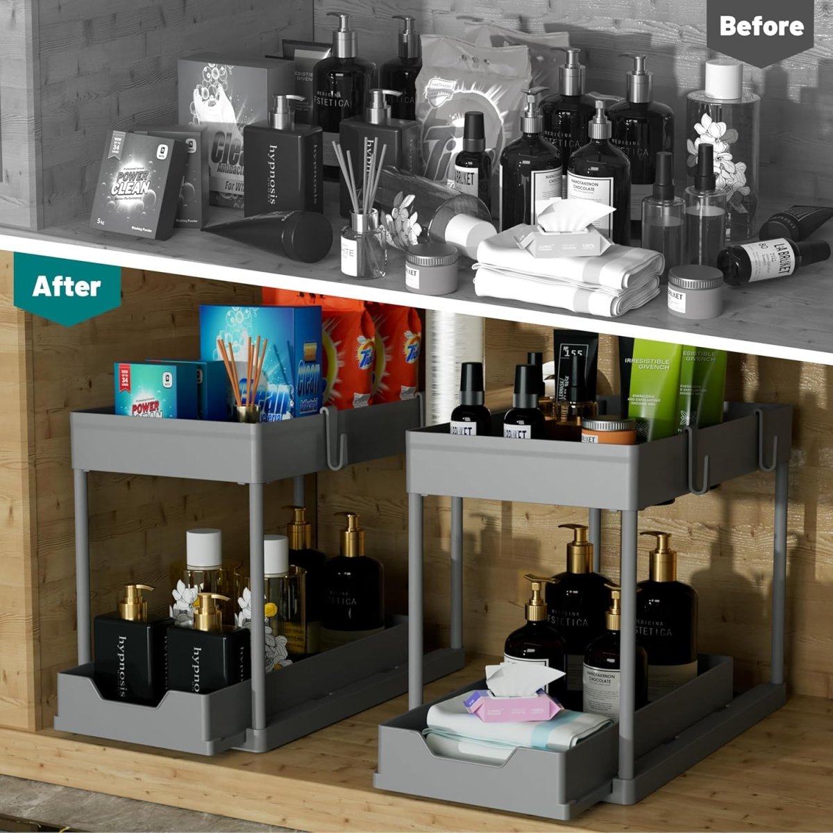 DEKAVA Under Sink Organizer 2 Pack, Bathroom Cabinet Organizer, 2 Tier Sliding Cabinet Basket Organizer Drawer, Multi - Purpose Bath Collection Baskets for Bathroom (Black) - Homesidy.com