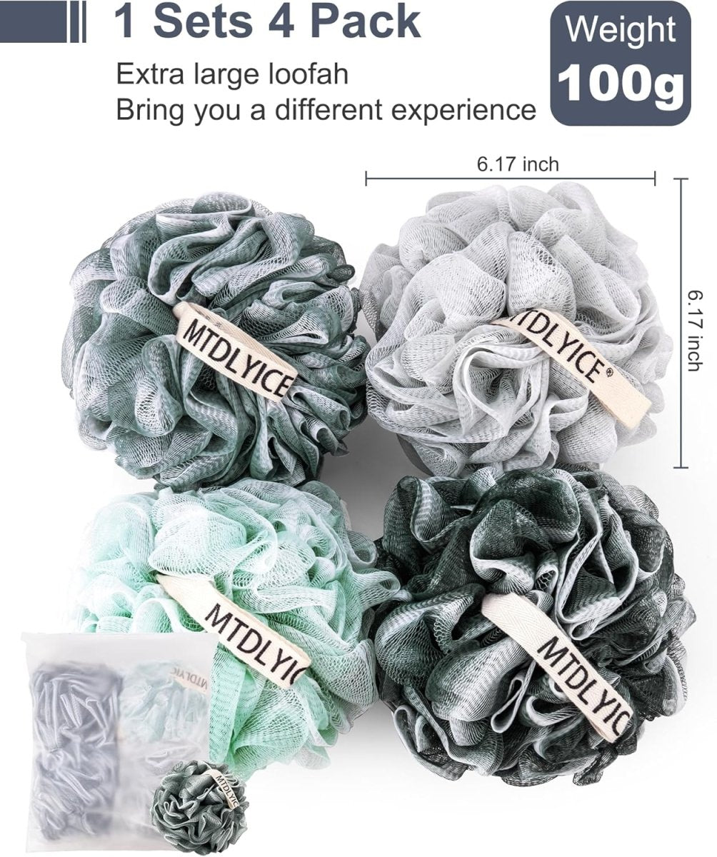 MTDLYICE Loofah Sponge, XXL Large Loofah 100g 4 Pack, Bath Sponge Soft Mesh Shower Loofah for Men, Body Scrub, Shower Pouf Bath Accessories, for Body Wash, Soap (Blue Gray) - Homesidy.com
