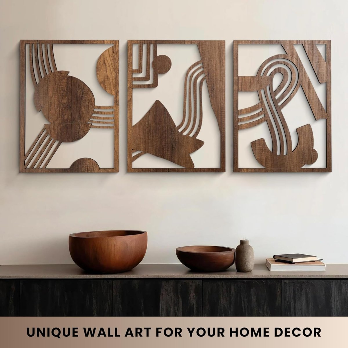 qmmp Modern Wooden Wall Sculptures - Set of 3 - MDF - Oak - Home Decor Accent - Large Wall Art for Living Room, Bedroom, Office - Easy Installation (Oak, Medium - Mountain and Sun, Unframed) - Homesidy.com