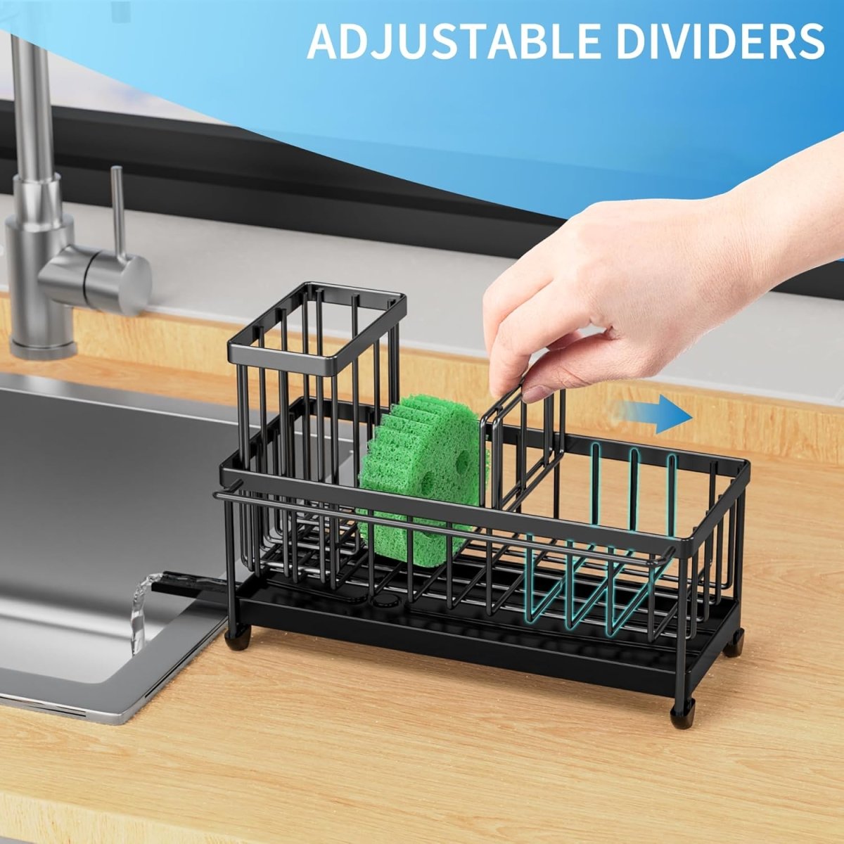 Cisily Black Sponge Holder for Kitchen Sink, Sink Caddy Organizer with High Brush Holder, Kitchen Countertop Organizers and Storage Essentials, Rustproof 304 Stainless Steel, Soap Dispenser Organize - Homesidy.com