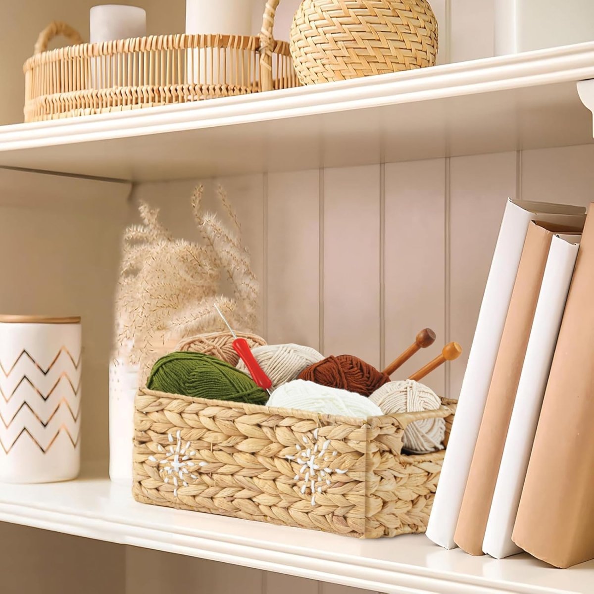 Greenatural Water Hyacinth Storage Baskets Set of 2, Handwoven Rectangular Organizer Trays with Wooden Bead Handles, Nested Wicker Bins for Shelf, Bathroom, Kitchen, Office, Natural Decor - Homesidy.com