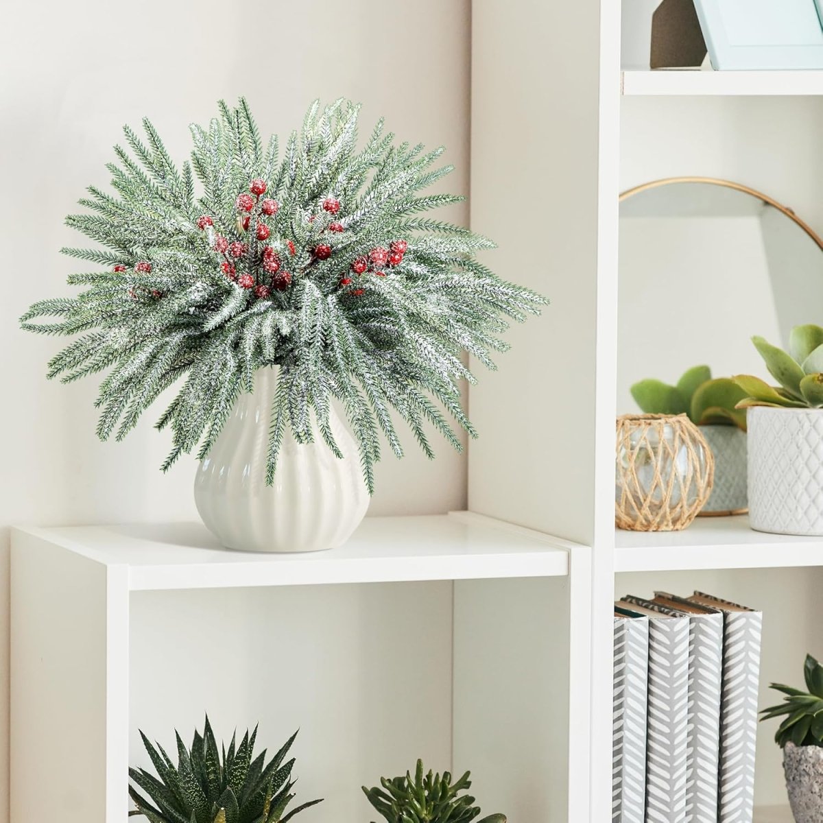 Watayo 60 Pcs Christmas Artificial Pine Branches with Red Berry Stems, 10.5&34; Faux Evergreen Norfolk Pine Cypress Leaves Stems, Fake Foliage Pine Needles Picks for DIY Craft Garland Home Decor - Homesidy.com