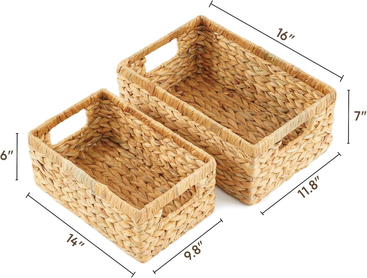 Greenatural Water Hyacinth Storage Baskets Set of 2, Handwoven Rectangular Organizer Trays with Wooden Bead Handles, Nested Wicker Bins for Shelf, Bathroom, Kitchen, Office, Natural Decor - Homesidy.com