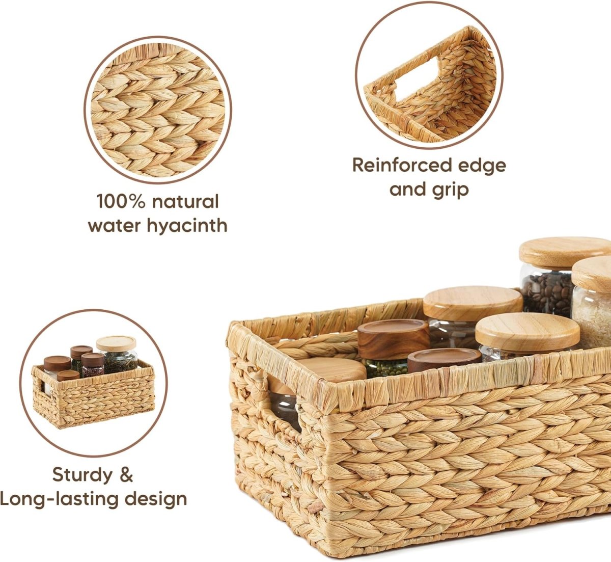 Greenatural Water Hyacinth Storage Baskets Set of 2, Handwoven Rectangular Organizer Trays with Wooden Bead Handles, Nested Wicker Bins for Shelf, Bathroom, Kitchen, Office, Natural Decor - Homesidy.com