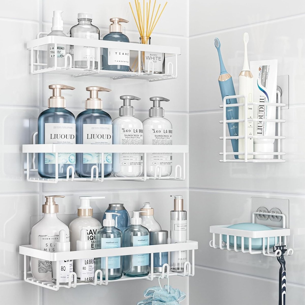 Liuoud 5 Pack Shower Caddy Organizer Rack Shelf for Inside Shower, Adhesive Bathroom Wall Storage Basket Rustproof Stainless Steel Shampoo Holder, Girly Bathroom Accessory Decor Set, Pink - Homesidy.com