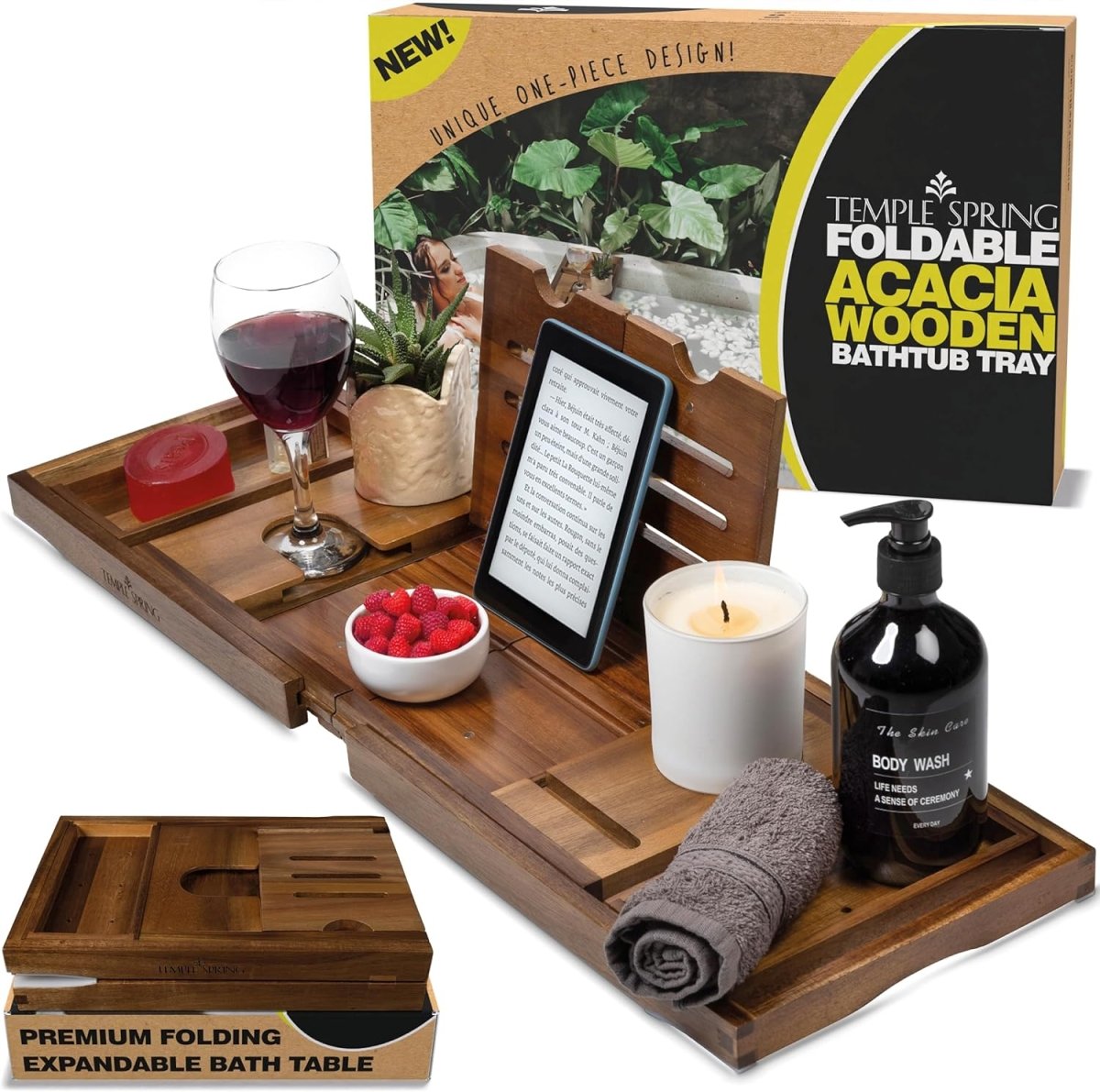 Temple Spring Wooden Bathtub Tray, Bamboo Bathroom Accessories, Bath Tray for Tub, at Home Spa Essentials, Board for Tub Table, Bath Caddy for Bathtub Accessories &amp; Bathroom Essentials – Natural - Homesidy.com