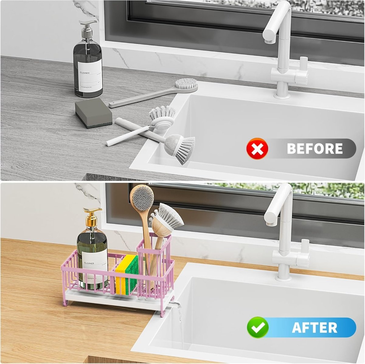Cisily Black Sponge Holder for Kitchen Sink, Sink Caddy Organizer with High Brush Holder, Kitchen Countertop Organizers and Storage Essentials, Rustproof 304 Stainless Steel, Soap Dispenser Organize - Homesidy.com